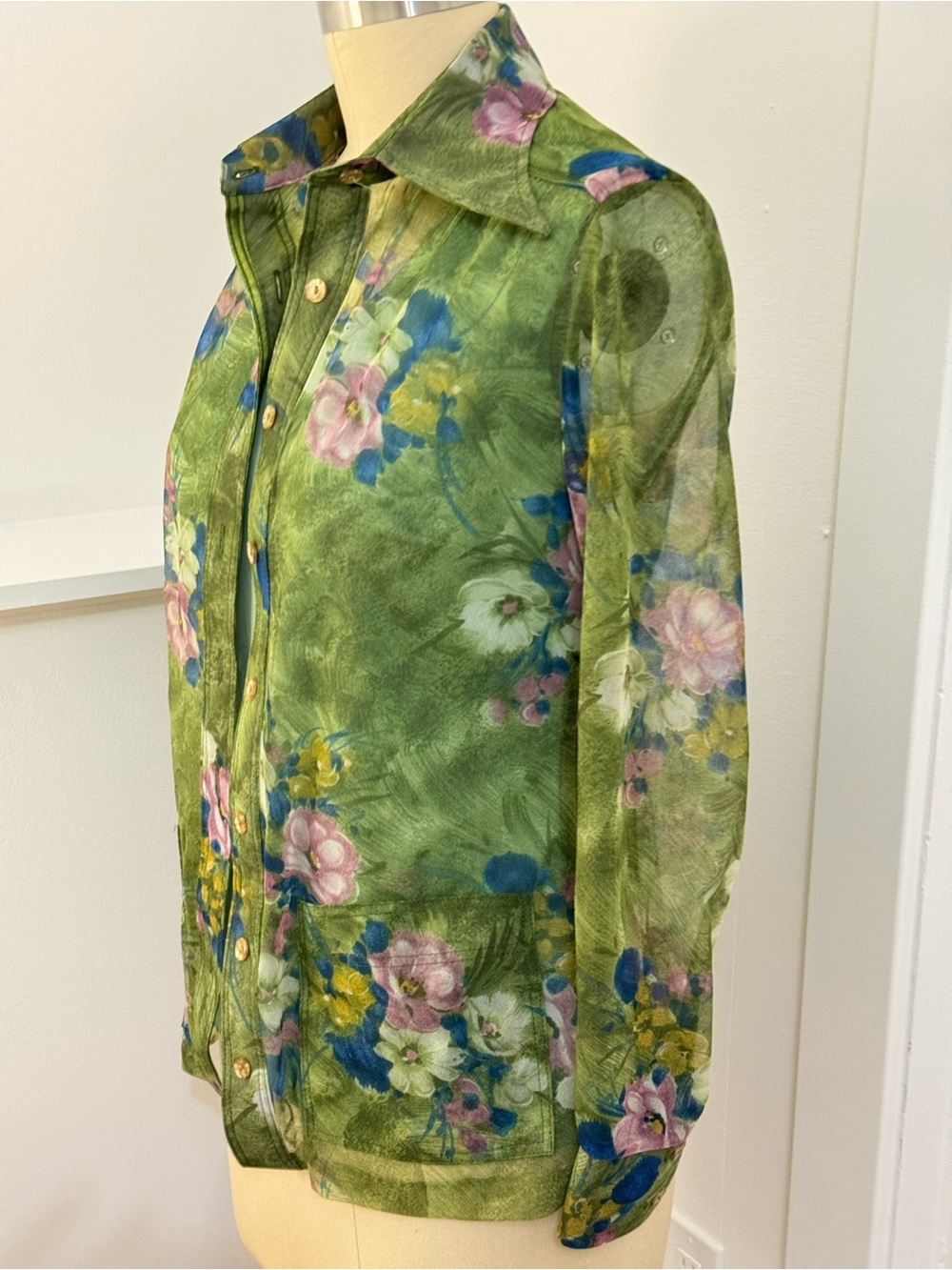 Vintage Green Floral Tie-Waist Button-Up Blouse Pointy Collar - Picture 5 of 10